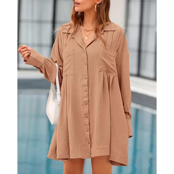 imageBTFBM Womens Long Sleeve Shirt Dresses Spring Summer Tops V Neck Pleated Flowy Casual Button Down Tunic Dress PocketsSolid Khaki