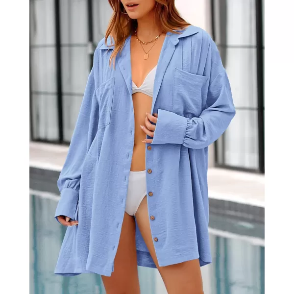 imageBTFBM Womens Long Sleeve Shirt Dresses Spring Summer Tops V Neck Pleated Flowy Casual Button Down Tunic Dress PocketsSolid Light Blue
