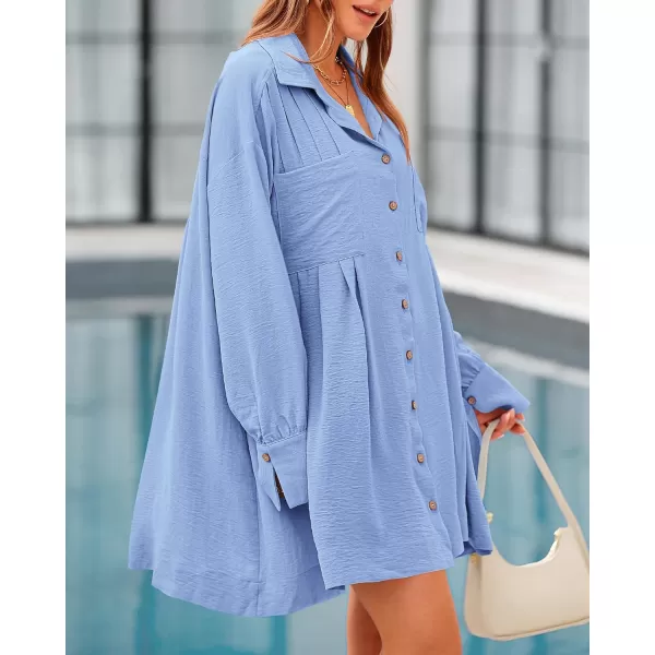 imageBTFBM Womens Long Sleeve Shirt Dresses Spring Summer Tops V Neck Pleated Flowy Casual Button Down Tunic Dress PocketsSolid Light Blue