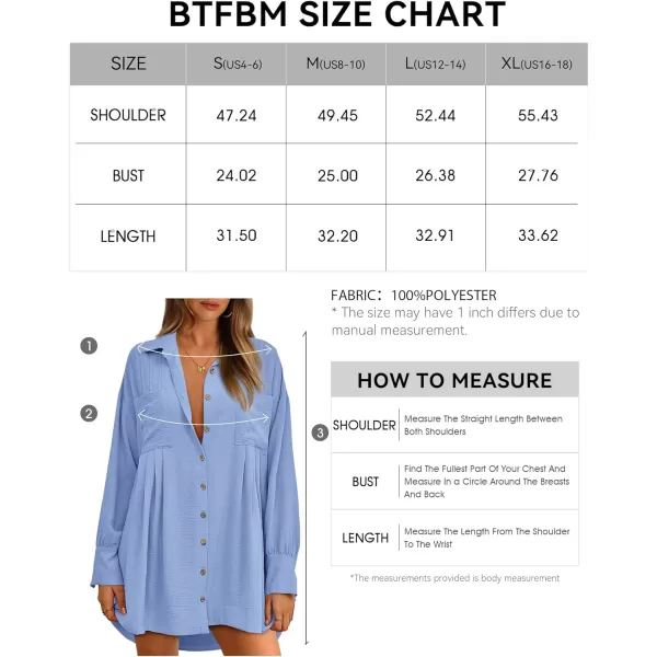 imageBTFBM Womens Long Sleeve Shirt Dresses Spring Summer Tops V Neck Pleated Flowy Casual Button Down Tunic Dress PocketsSolid Light Blue