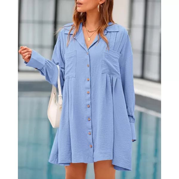 imageBTFBM Womens Long Sleeve Shirt Dresses Spring Summer Tops V Neck Pleated Flowy Casual Button Down Tunic Dress PocketsSolid Light Blue