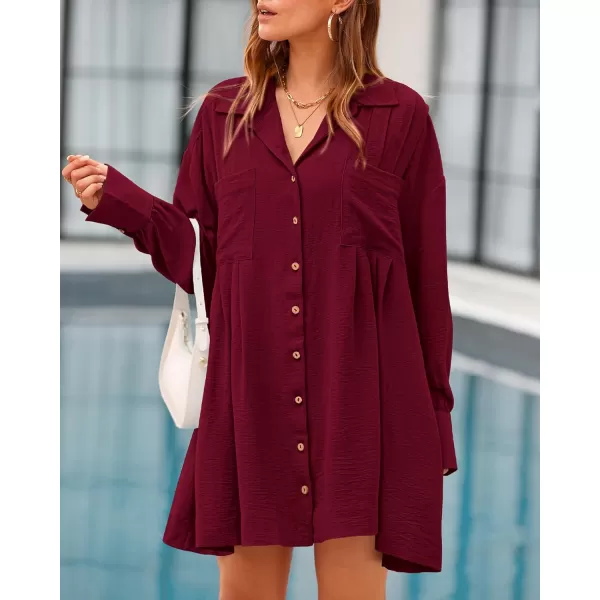 imageBTFBM Womens Long Sleeve Shirt Dresses Spring Summer Tops V Neck Pleated Flowy Casual Button Down Tunic Dress PocketsSolid Wine Red
