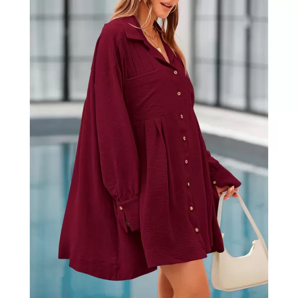 imageBTFBM Womens Long Sleeve Shirt Dresses Spring Summer Tops V Neck Pleated Flowy Casual Button Down Tunic Dress PocketsSolid Wine Red
