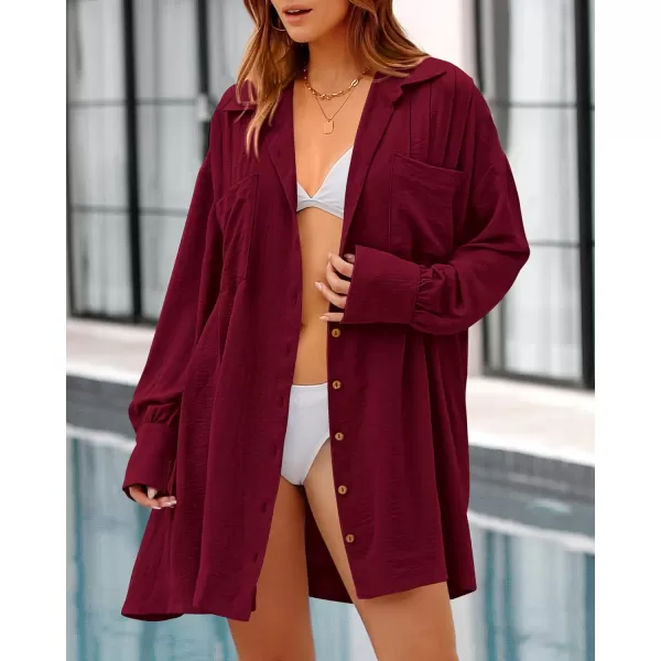 imageBTFBM Womens Long Sleeve Shirt Dresses Spring Summer Tops V Neck Pleated Flowy Casual Button Down Tunic Dress PocketsSolid Wine Red