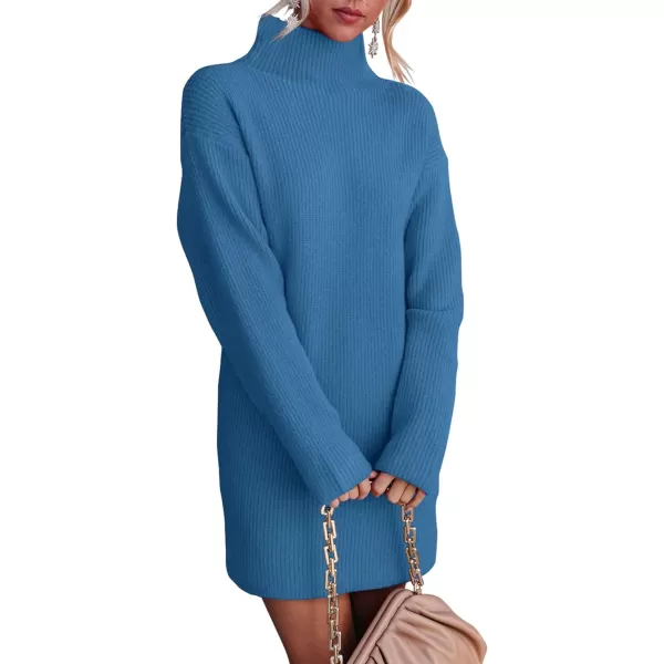 imageBTFBM Womens Long Sleeve Turtleneck Sweaters Soft Ribbed Knit Oversized 2023 Fall Winter Long Pullover Sweater DressSolid Blue