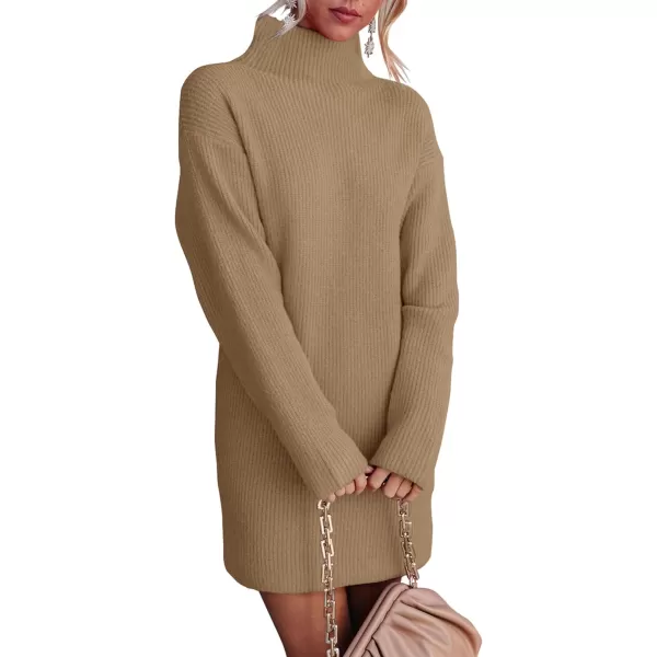 imageBTFBM Womens Long Sleeve Turtleneck Sweaters Soft Ribbed Knit Oversized 2023 Fall Winter Long Pullover Sweater DressSolid Khaki