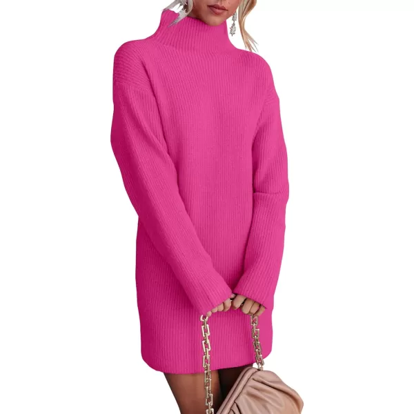 imageBTFBM Womens Long Sleeve Turtleneck Sweaters Soft Ribbed Knit Oversized 2023 Fall Winter Long Pullover Sweater DressSolid Rose Red