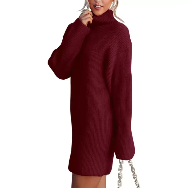 imageBTFBM Womens Long Sleeve Turtleneck Sweaters Soft Ribbed Knit Oversized 2023 Fall Winter Long Pullover Sweater DressSolid Wine Red
