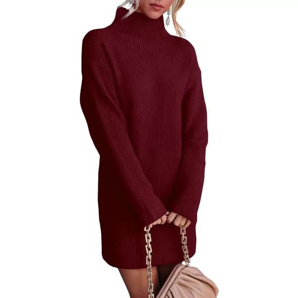 imageBTFBM Womens Long Sleeve Turtleneck Sweaters Soft Ribbed Knit Oversized 2023 Fall Winter Long Pullover Sweater DressSolid Wine Red