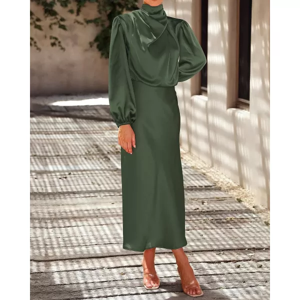 imageBTFBM Womens Mock Neck Satin Dress Elegant Long Sleeve Elastic High Waist Formal Wedding Cocktail Party Maxi DressesSolid Army Green
