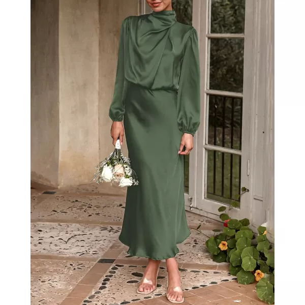 imageBTFBM Womens Mock Neck Satin Dress Elegant Long Sleeve Elastic High Waist Formal Wedding Cocktail Party Maxi DressesSolid Army Green