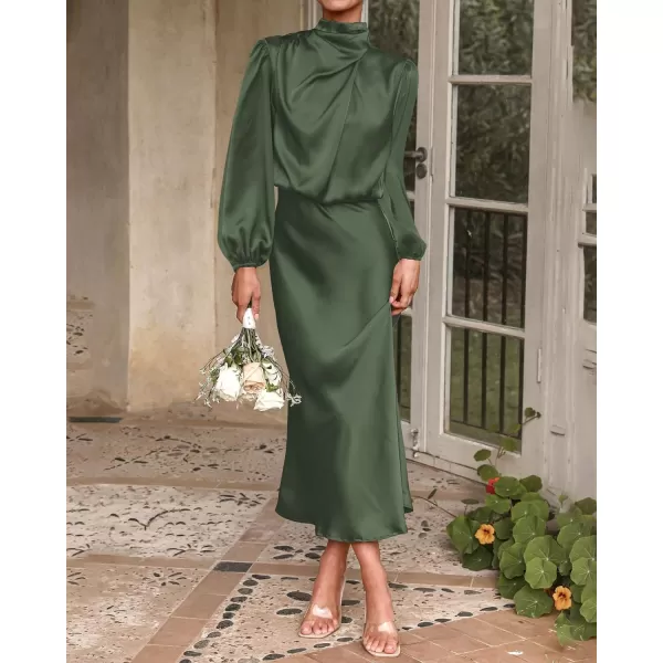 imageBTFBM Womens Mock Neck Satin Dress Elegant Long Sleeve Elastic High Waist Formal Wedding Cocktail Party Maxi DressesSolid Army Green