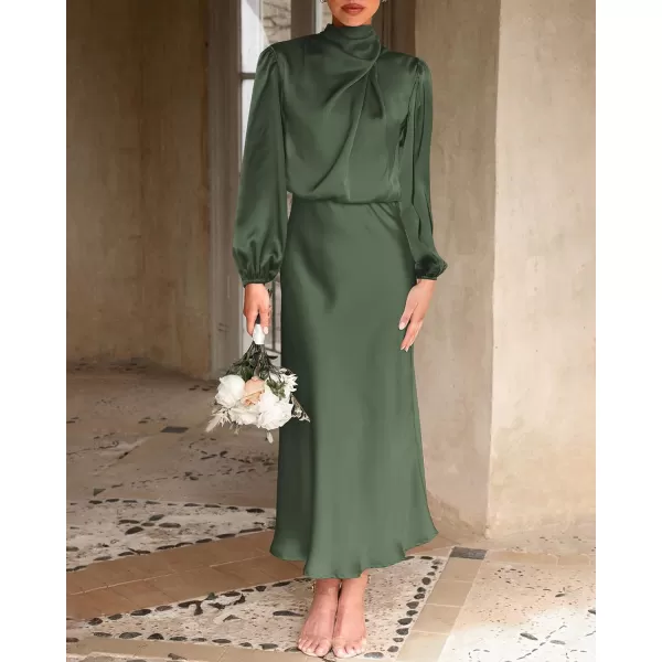 imageBTFBM Womens Mock Neck Satin Dress Elegant Long Sleeve Elastic High Waist Formal Wedding Cocktail Party Maxi DressesSolid Army Green