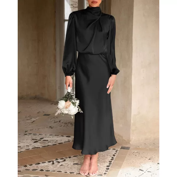 imageBTFBM Womens Mock Neck Satin Dress Elegant Long Sleeve Elastic High Waist Formal Wedding Cocktail Party Maxi DressesSolid Black