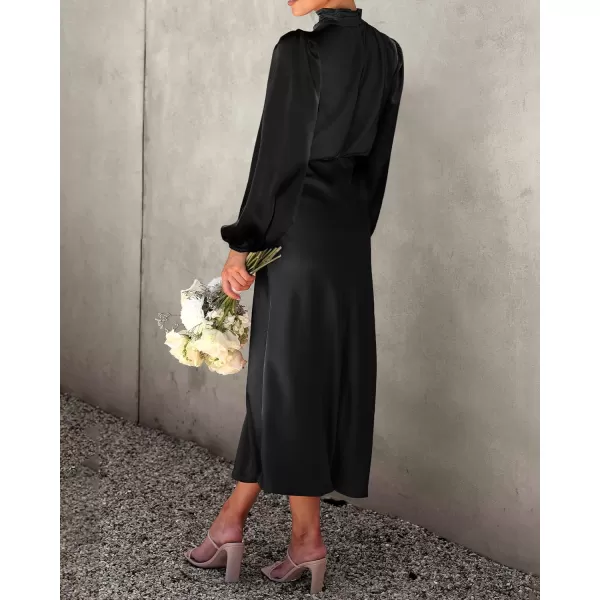 imageBTFBM Womens Mock Neck Satin Dress Elegant Long Sleeve Elastic High Waist Formal Wedding Cocktail Party Maxi DressesSolid Black