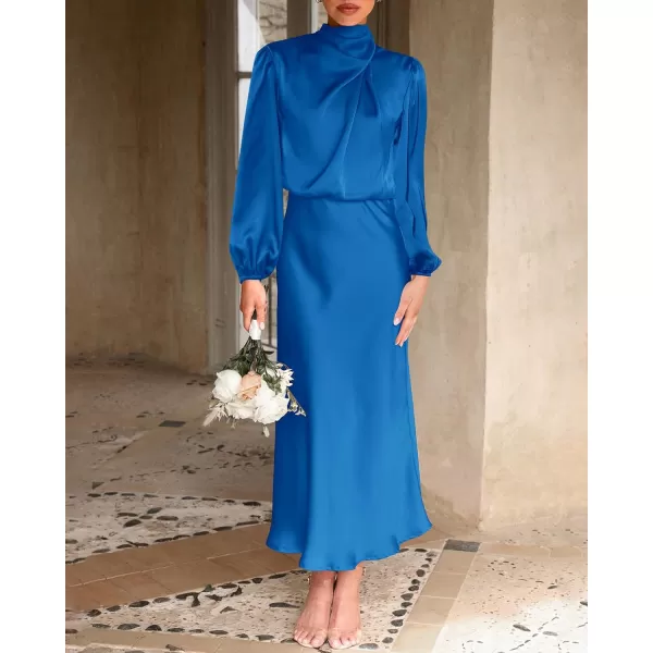 imageBTFBM Womens Mock Neck Satin Dress Elegant Long Sleeve Elastic High Waist Formal Wedding Cocktail Party Maxi DressesSolid Brilliant Blue