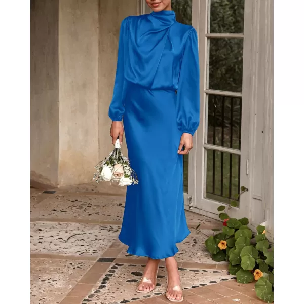 imageBTFBM Womens Mock Neck Satin Dress Elegant Long Sleeve Elastic High Waist Formal Wedding Cocktail Party Maxi DressesSolid Brilliant Blue