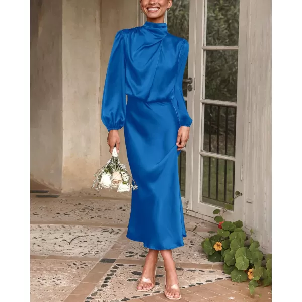 imageBTFBM Womens Mock Neck Satin Dress Elegant Long Sleeve Elastic High Waist Formal Wedding Cocktail Party Maxi DressesSolid Brilliant Blue