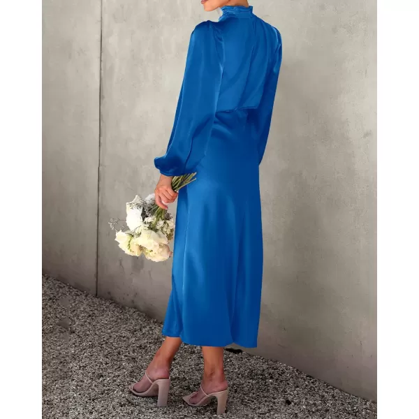 imageBTFBM Womens Mock Neck Satin Dress Elegant Long Sleeve Elastic High Waist Formal Wedding Cocktail Party Maxi DressesSolid Brilliant Blue