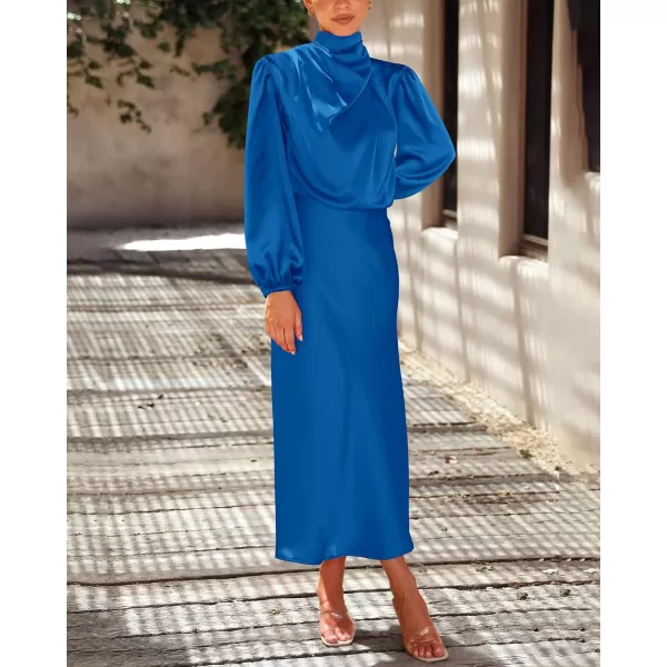 imageBTFBM Womens Mock Neck Satin Dress Elegant Long Sleeve Elastic High Waist Formal Wedding Cocktail Party Maxi DressesSolid Brilliant Blue