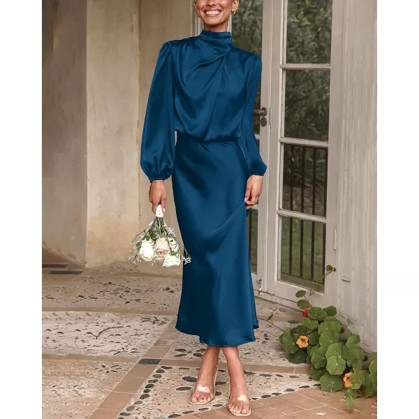 imageBTFBM Womens Mock Neck Satin Dress Elegant Long Sleeve Elastic High Waist Formal Wedding Cocktail Party Maxi DressesSolid Dark Blue