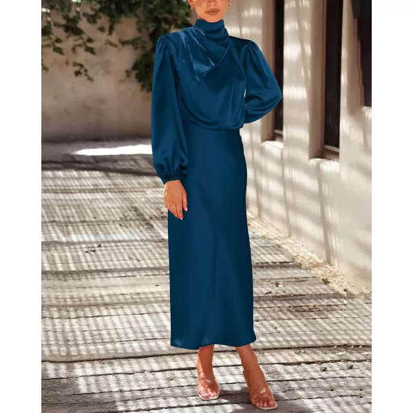 imageBTFBM Womens Mock Neck Satin Dress Elegant Long Sleeve Elastic High Waist Formal Wedding Cocktail Party Maxi DressesSolid Dark Blue