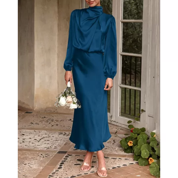 imageBTFBM Womens Mock Neck Satin Dress Elegant Long Sleeve Elastic High Waist Formal Wedding Cocktail Party Maxi DressesSolid Dark Blue