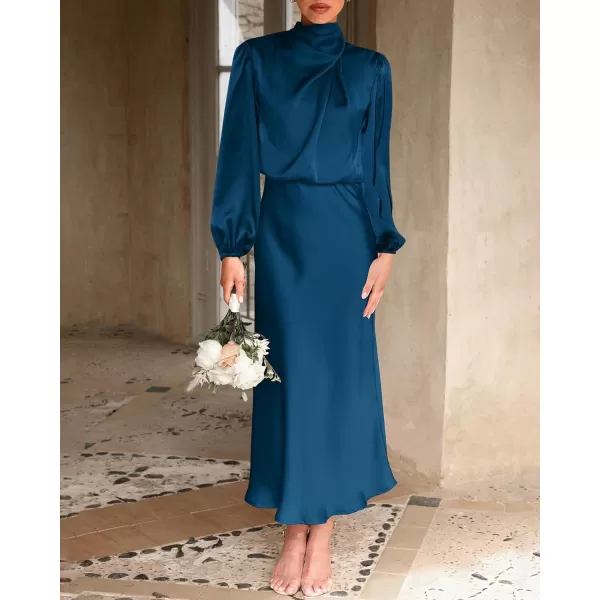 imageBTFBM Womens Mock Neck Satin Dress Elegant Long Sleeve Elastic High Waist Formal Wedding Cocktail Party Maxi DressesSolid Dark Blue
