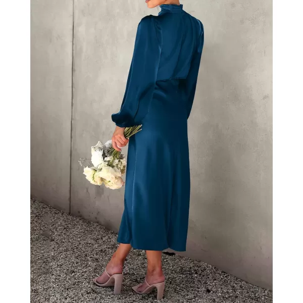 imageBTFBM Womens Mock Neck Satin Dress Elegant Long Sleeve Elastic High Waist Formal Wedding Cocktail Party Maxi DressesSolid Dark Blue