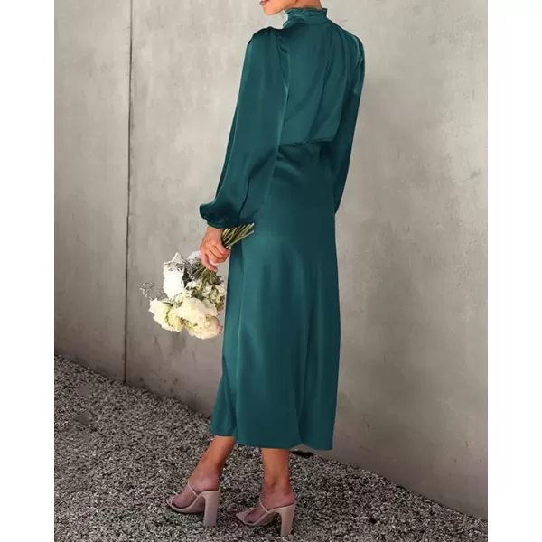 imageBTFBM Womens Mock Neck Satin Dress Elegant Long Sleeve Elastic High Waist Formal Wedding Cocktail Party Maxi DressesSolid Dark Green