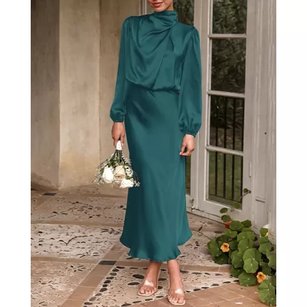 imageBTFBM Womens Mock Neck Satin Dress Elegant Long Sleeve Elastic High Waist Formal Wedding Cocktail Party Maxi DressesSolid Dark Green