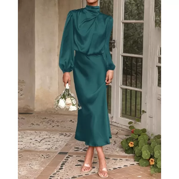 imageBTFBM Womens Mock Neck Satin Dress Elegant Long Sleeve Elastic High Waist Formal Wedding Cocktail Party Maxi DressesSolid Dark Green