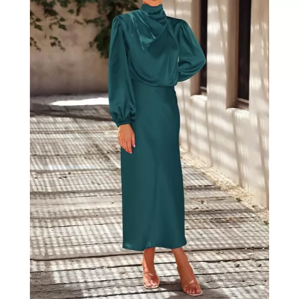 imageBTFBM Womens Mock Neck Satin Dress Elegant Long Sleeve Elastic High Waist Formal Wedding Cocktail Party Maxi DressesSolid Dark Green