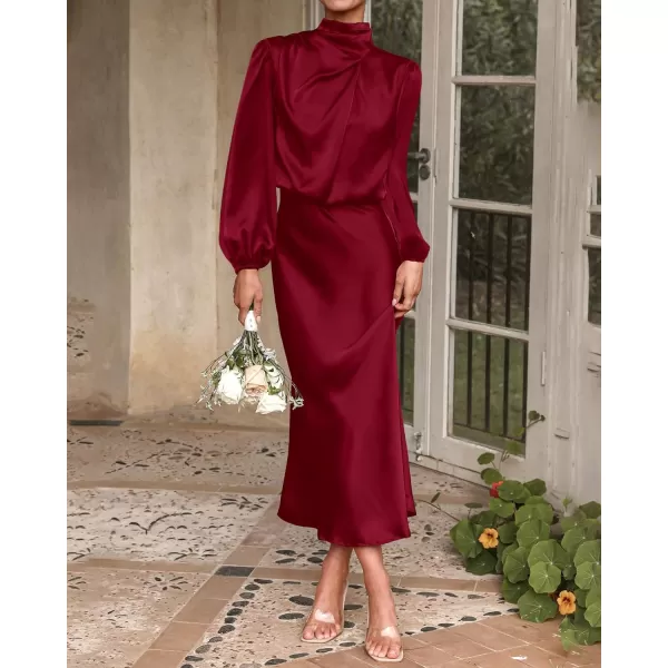 imageBTFBM Womens Mock Neck Satin Dress Elegant Long Sleeve Elastic High Waist Formal Wedding Cocktail Party Maxi DressesSolid Deep Red