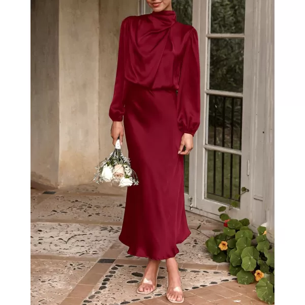imageBTFBM Womens Mock Neck Satin Dress Elegant Long Sleeve Elastic High Waist Formal Wedding Cocktail Party Maxi DressesSolid Deep Red
