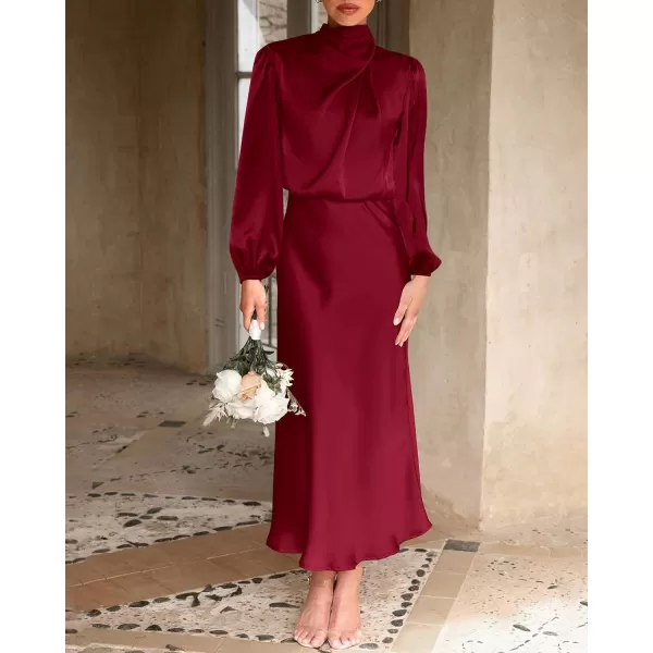 imageBTFBM Womens Mock Neck Satin Dress Elegant Long Sleeve Elastic High Waist Formal Wedding Cocktail Party Maxi DressesSolid Deep Red
