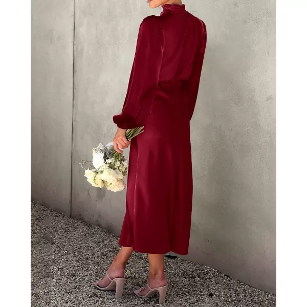 imageBTFBM Womens Mock Neck Satin Dress Elegant Long Sleeve Elastic High Waist Formal Wedding Cocktail Party Maxi DressesSolid Deep Red