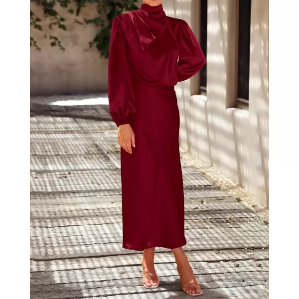 imageBTFBM Womens Mock Neck Satin Dress Elegant Long Sleeve Elastic High Waist Formal Wedding Cocktail Party Maxi DressesSolid Deep Red