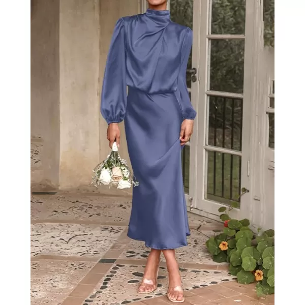 imageBTFBM Womens Mock Neck Satin Dress Elegant Long Sleeve Elastic High Waist Formal Wedding Cocktail Party Maxi DressesSolid Grey Blue