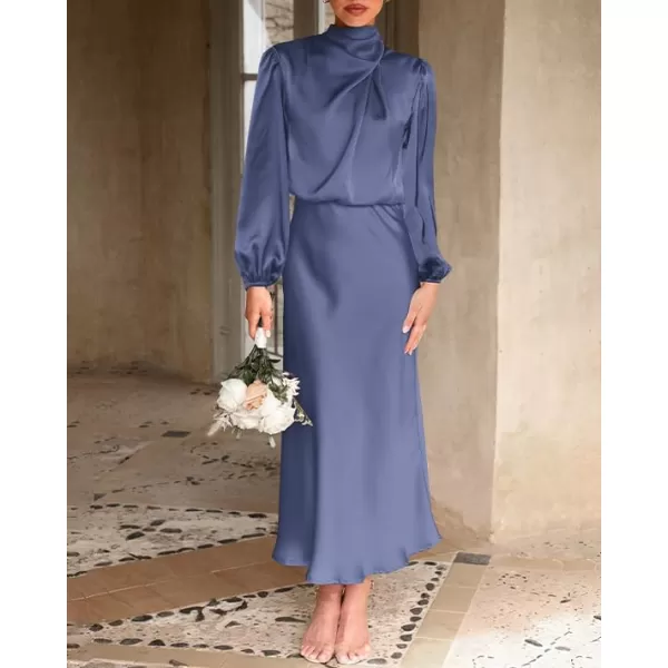 imageBTFBM Womens Mock Neck Satin Dress Elegant Long Sleeve Elastic High Waist Formal Wedding Cocktail Party Maxi DressesSolid Grey Blue