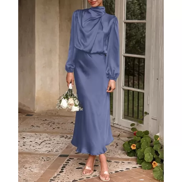 imageBTFBM Womens Mock Neck Satin Dress Elegant Long Sleeve Elastic High Waist Formal Wedding Cocktail Party Maxi DressesSolid Grey Blue