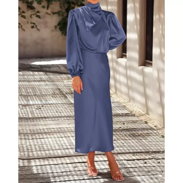 imageBTFBM Womens Mock Neck Satin Dress Elegant Long Sleeve Elastic High Waist Formal Wedding Cocktail Party Maxi DressesSolid Grey Blue