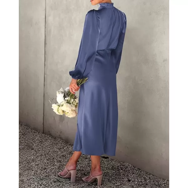 imageBTFBM Womens Mock Neck Satin Dress Elegant Long Sleeve Elastic High Waist Formal Wedding Cocktail Party Maxi DressesSolid Grey Blue