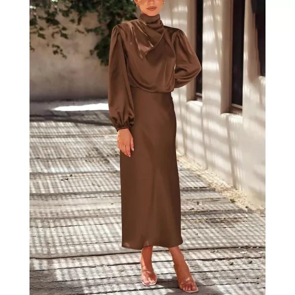 imageBTFBM Womens Mock Neck Satin Dress Elegant Long Sleeve Elastic High Waist Formal Wedding Cocktail Party Maxi DressesSolid Khaki