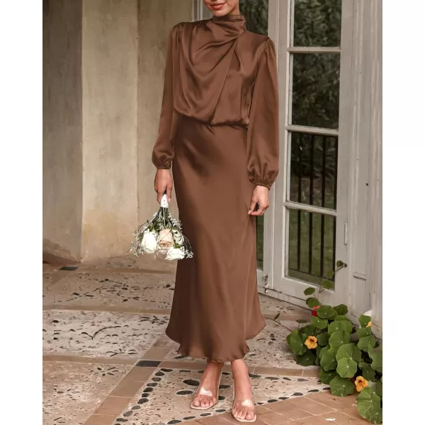 imageBTFBM Womens Mock Neck Satin Dress Elegant Long Sleeve Elastic High Waist Formal Wedding Cocktail Party Maxi DressesSolid Khaki