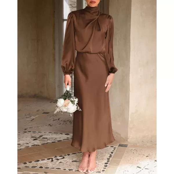 imageBTFBM Womens Mock Neck Satin Dress Elegant Long Sleeve Elastic High Waist Formal Wedding Cocktail Party Maxi DressesSolid Khaki