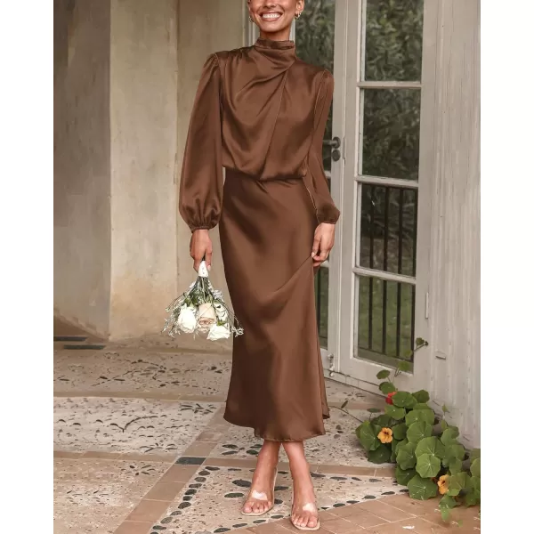 imageBTFBM Womens Mock Neck Satin Dress Elegant Long Sleeve Elastic High Waist Formal Wedding Cocktail Party Maxi DressesSolid Khaki