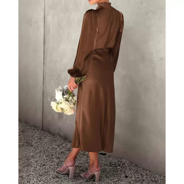 imageBTFBM Womens Mock Neck Satin Dress Elegant Long Sleeve Elastic High Waist Formal Wedding Cocktail Party Maxi DressesSolid Khaki