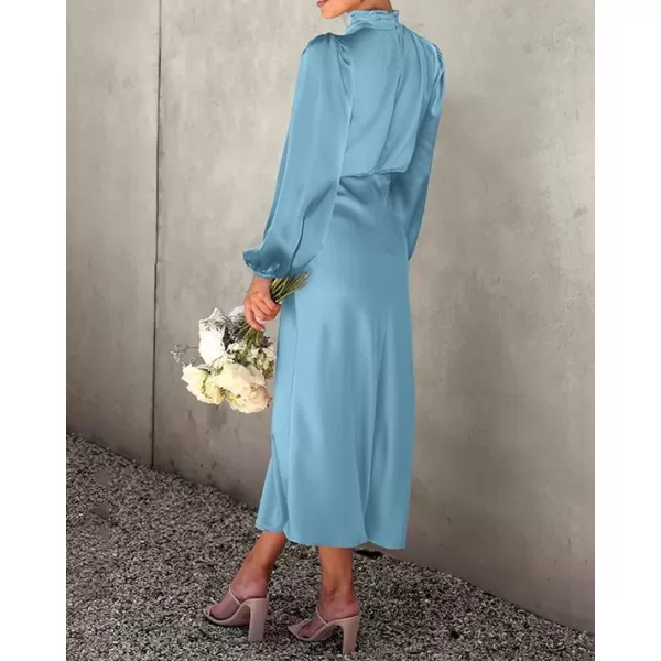 imageBTFBM Womens Mock Neck Satin Dress Elegant Long Sleeve Elastic High Waist Formal Wedding Cocktail Party Maxi DressesSolid Light Blue