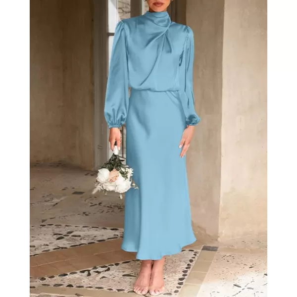 imageBTFBM Womens Mock Neck Satin Dress Elegant Long Sleeve Elastic High Waist Formal Wedding Cocktail Party Maxi DressesSolid Light Blue